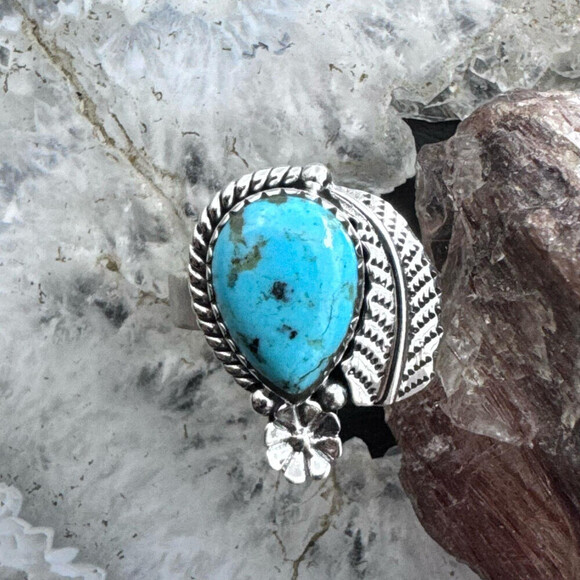 Sterling Silver Southwestern Style Teardrop Turquoise Decorated Adjustable Ring - Picture 5 of 11